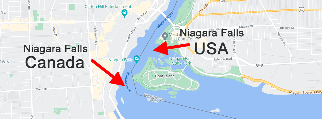 Map of the location of the 3 Niagara Falls with arrows showing where they are on the map.