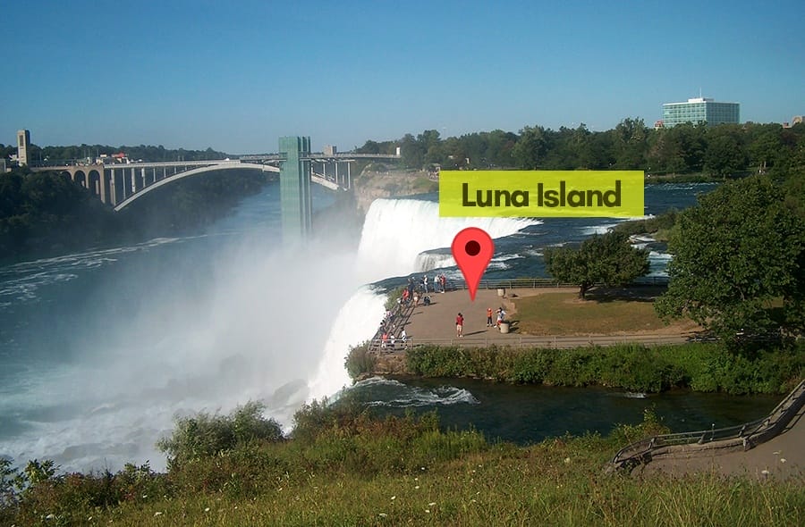 How Luna island looks like and a picture of people viewing American fals from the island.