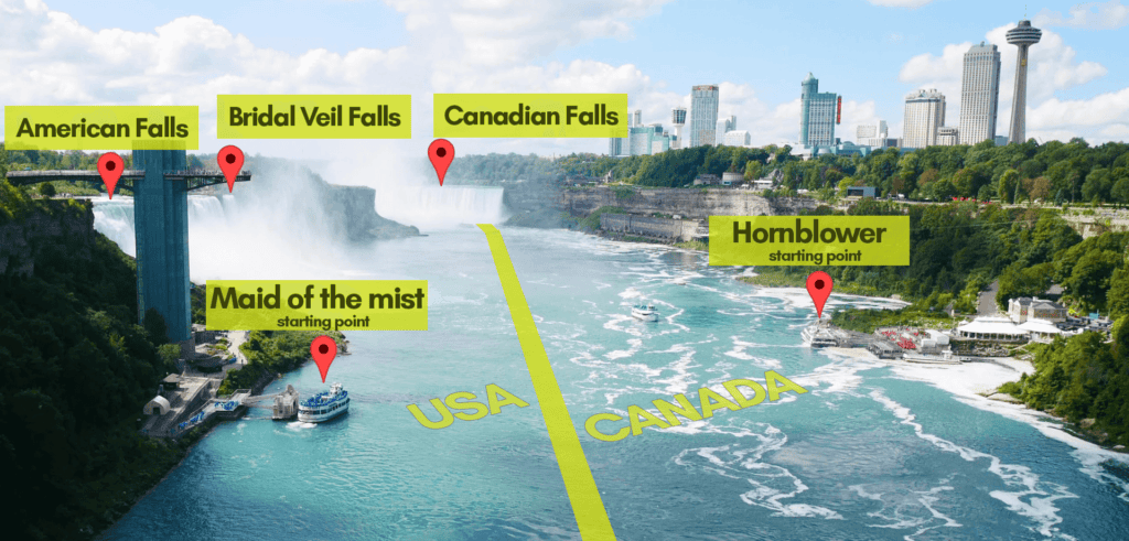 Map showing both sides of the niagara river and from where maid of the mist tours starts