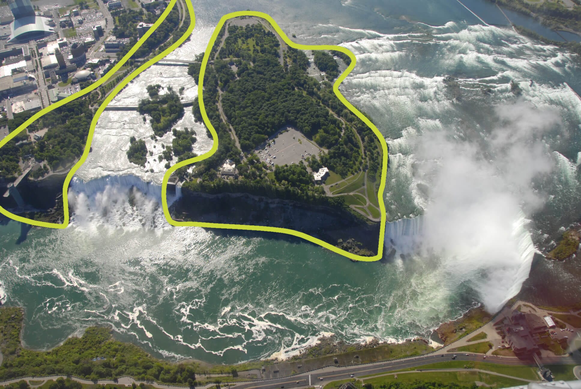 Picture from the air showing Niagara Falls State Park borders 