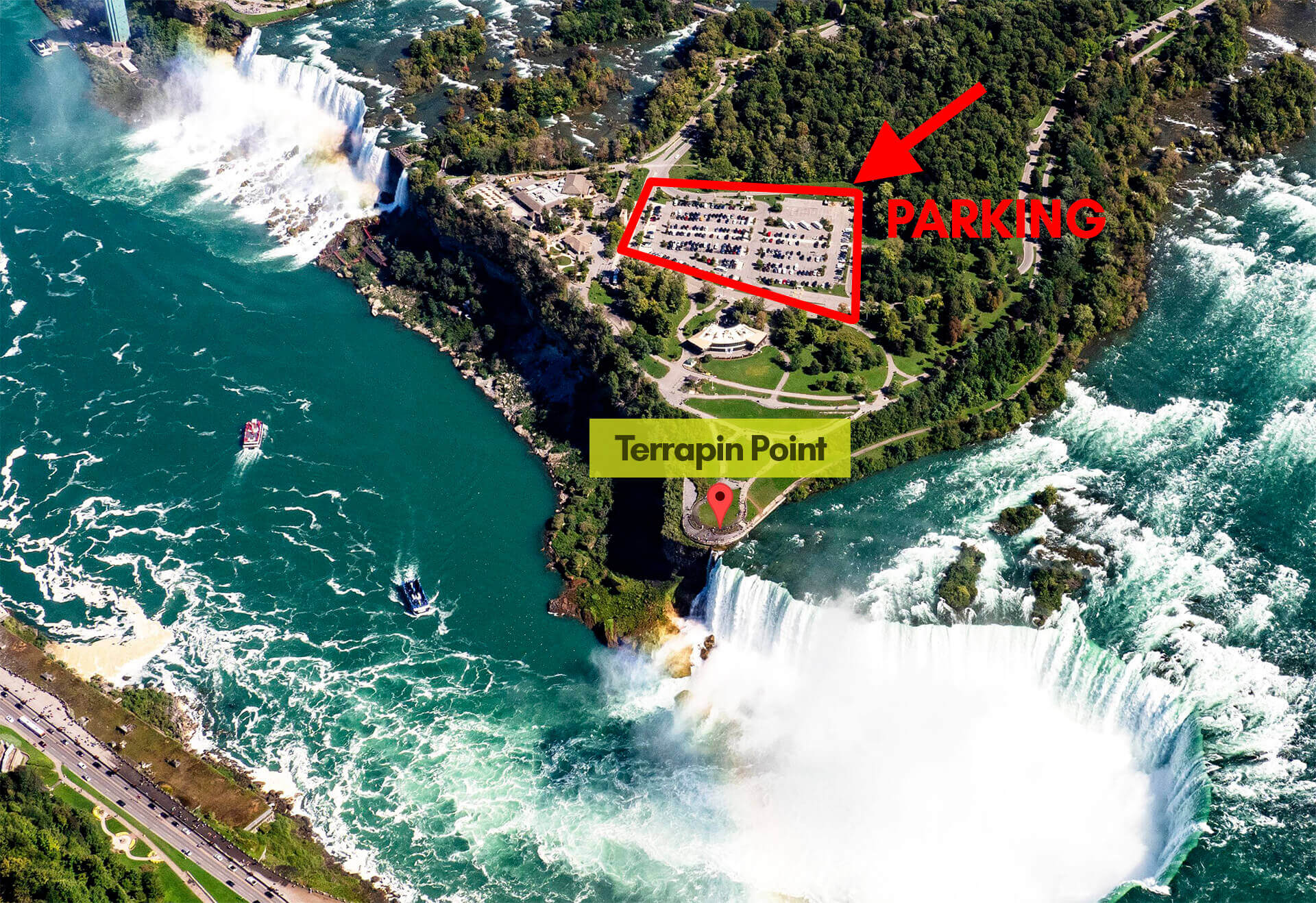 aerial photo showing where the nearest parking lot to terrapin point is
