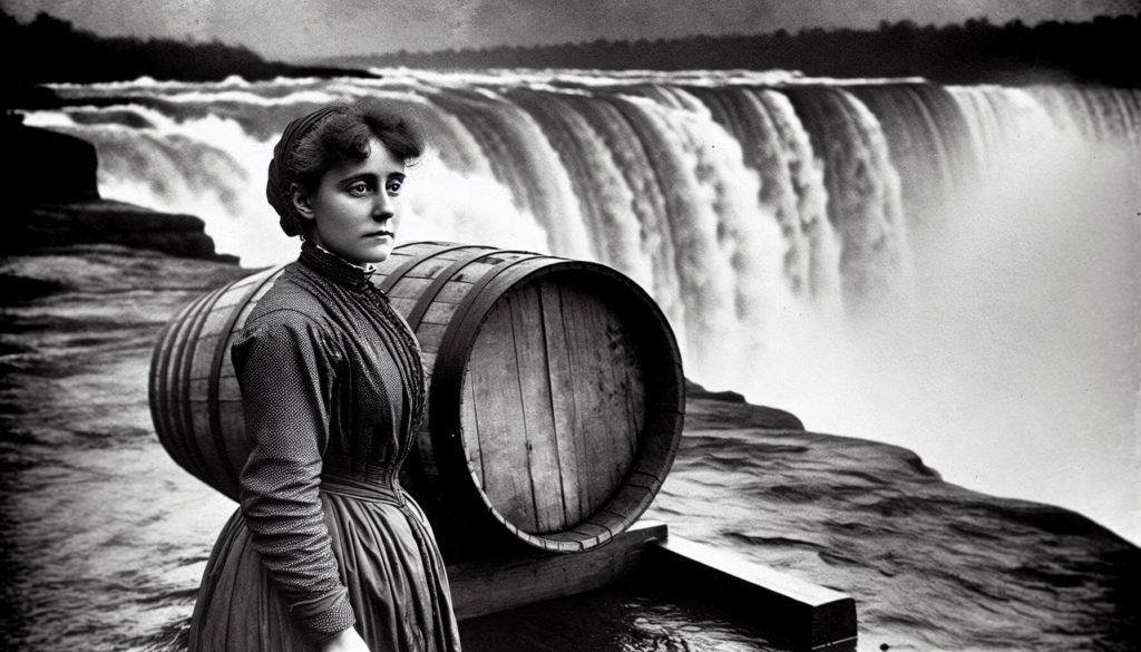 Annie Edson Taylor next to her barrel and Niagara Falls in the background